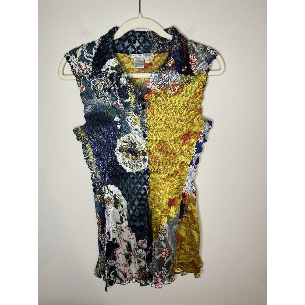 Alberto Makali Multicolor Floral Top Crimped Button Down Sleeveless Sz M #1364